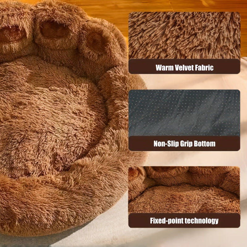 Bear-Paw Round Plush Pet Bed in Coffee, Pink or Gray with Four Weight-Labeled Size Options — image 4