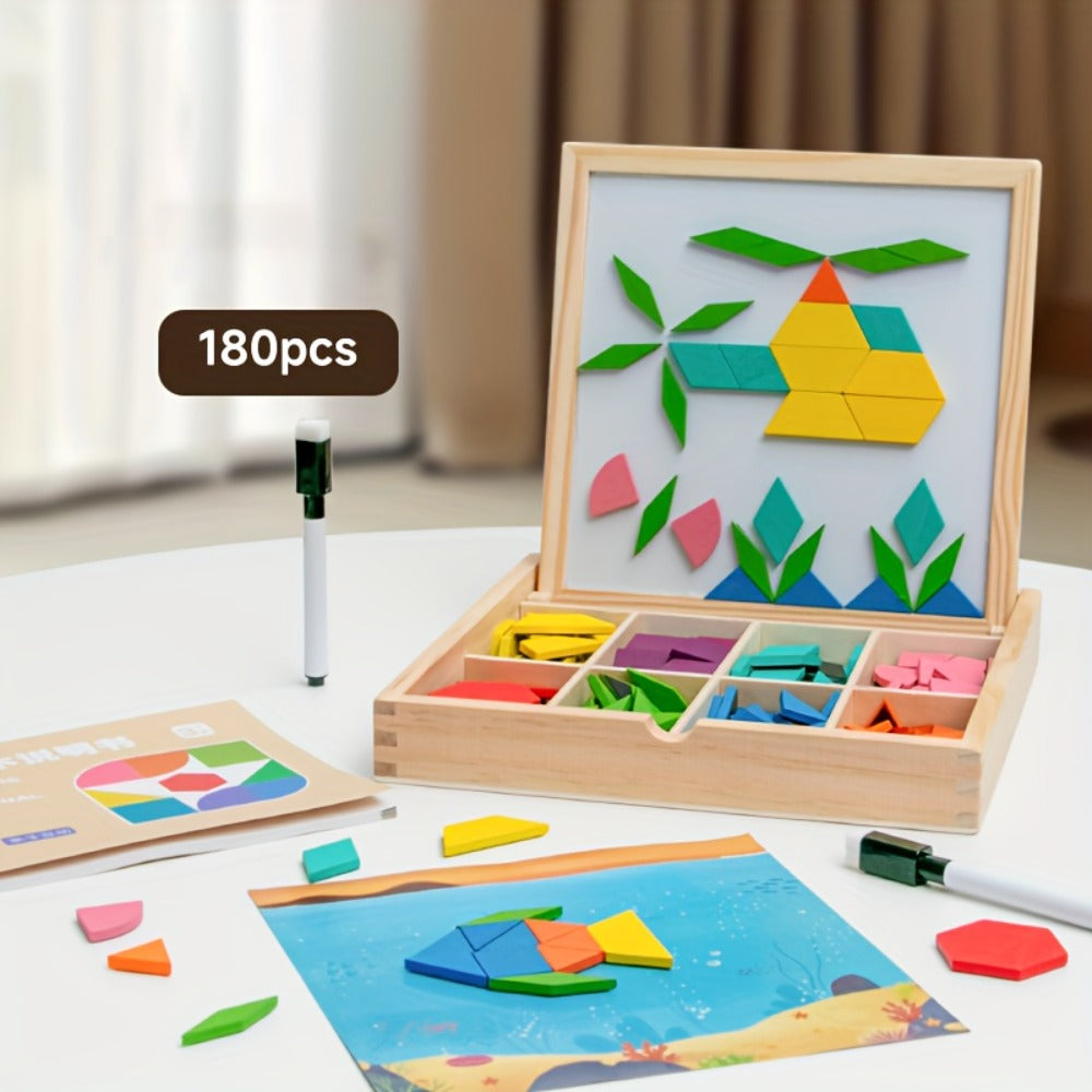 Magnetic Wooden Puzzle Blocks 128 180 220 Piece Set, Geometric Figures Cognitive Learning STEM Toy for Kids — image 12