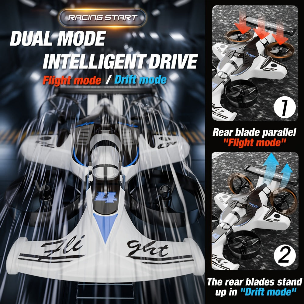 Two-in-One RC Drone and Ground Car with White Body, Two Batteries and Propeller Guards for Indoor Play — image 8