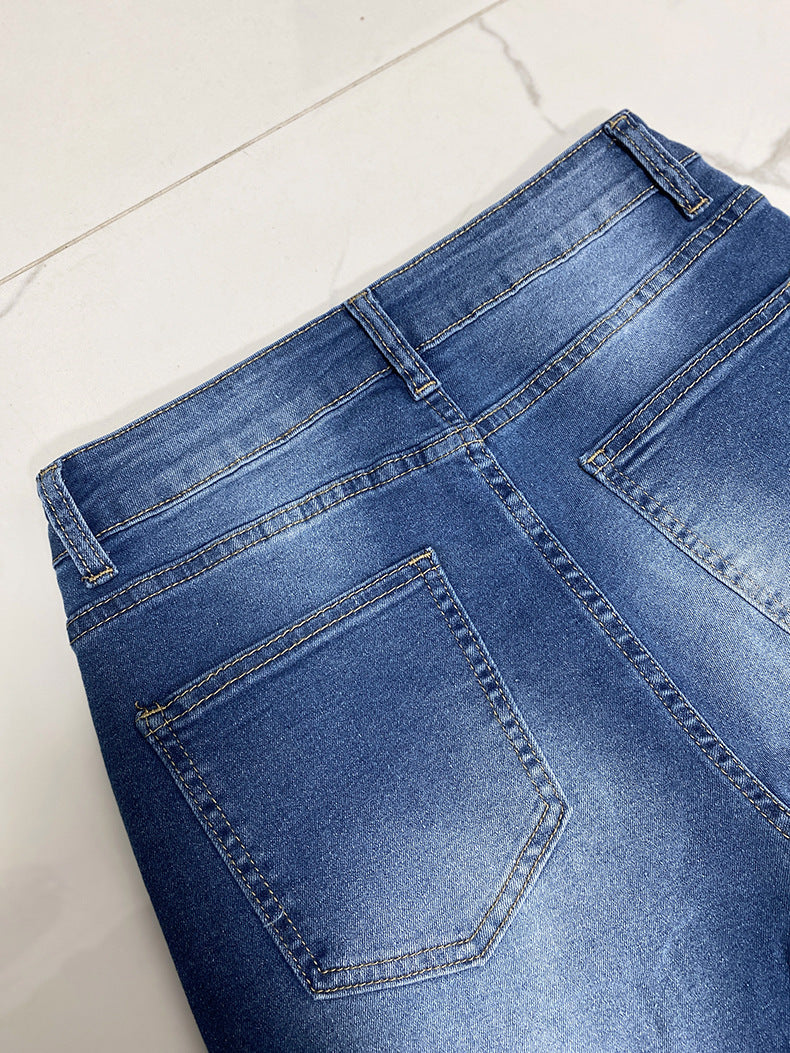 High-waisted Trousers-foot Curling Straight Jeans