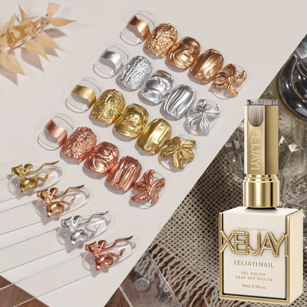Metallic Smudge Nail Art Gel Four-Bottle Set in Gold, Silver and Rose Tones with Narrow Cap Brushes — image 1