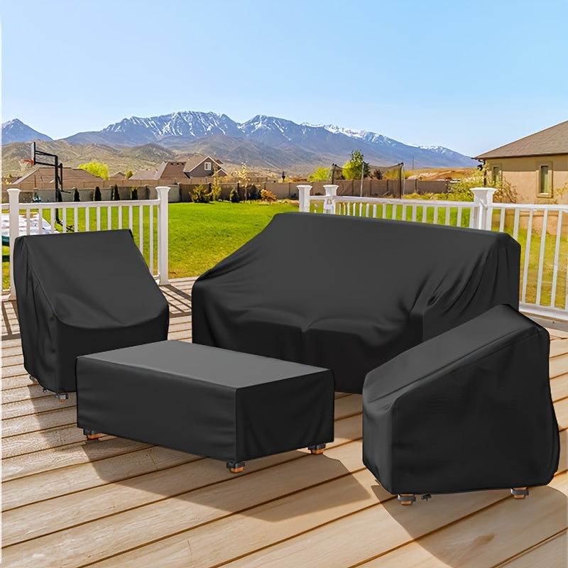 Four-Piece Black Patio Furniture Cover Set for Loveseat, Two Chairs and Coffee Table with Listed Dimensions — image 1