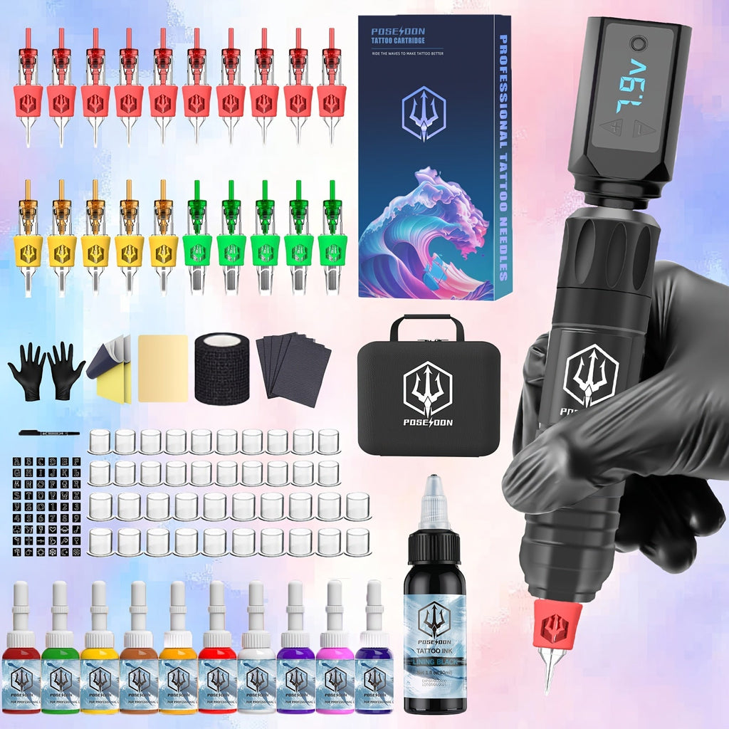 Tattoo Machine Kit POSEIDON TK035 Wireless Rotary Pen with LCD, 1500mAh Battery, 20 Cartridges and Practice Supplies — image 
