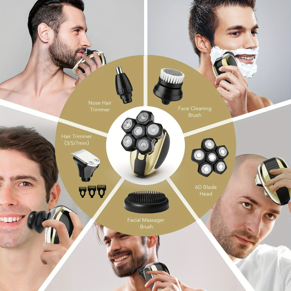 Electric Head Shaver for Bald Men 7D 7 Floating Heads – All-in-One Grooming Kit with Nose Hair Trimmer & Facial Cleaning Brus