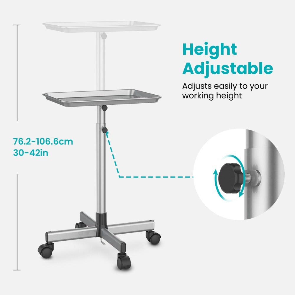 Salon Trolley Cart Height Adjustable 30 to 42 Inch Rolling Tray Table on Wheels Lockable Casters for Hair Stylist Barber Esth