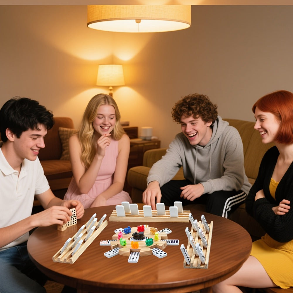 Mexican Train Dominoes Double 12 Set – 91 Colorful Tiles, 9 Metal Trains & 4 Wooden Racks, Complete Strategy Board Game with 