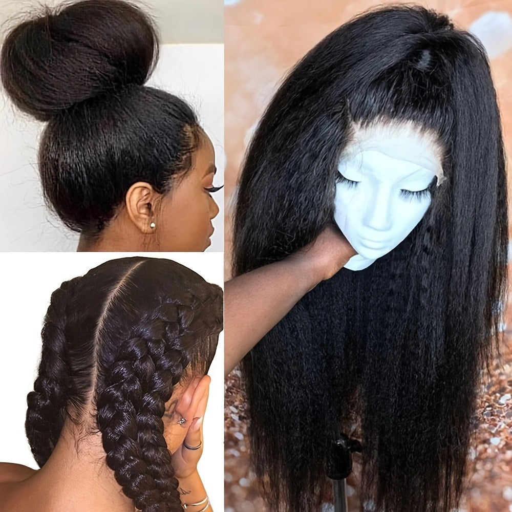 Synthetic Wig 26-Inch Black Kinky-Straight Yaki with HD Lace Front, Glueless Cap and with Item-Specific Color, Length, Textur