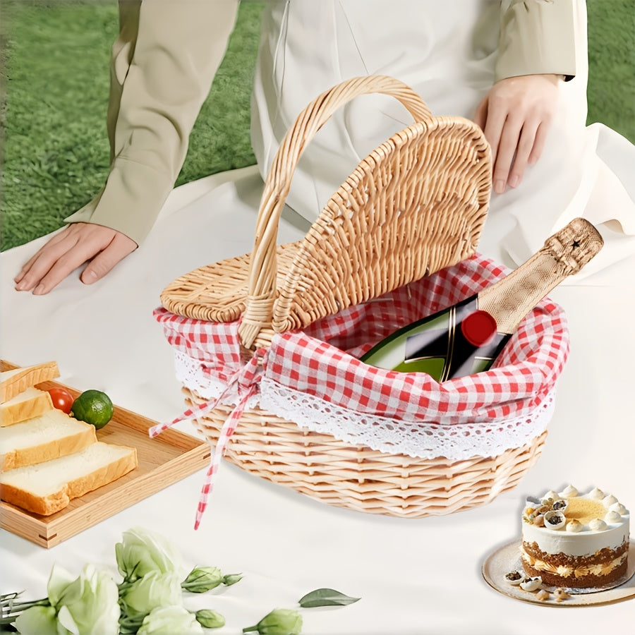 Covered Wicker Picnic Hamper with Twin Lid Panels in Red Plaid or Daisy Pattern Textile Styles — image 6