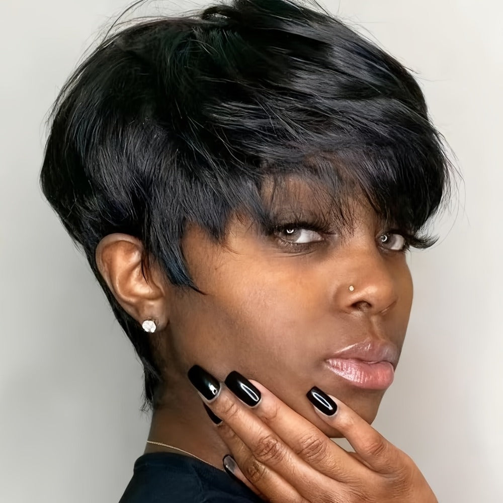 Brazilian Human Hair Pixie Cut Wig 150% Density Short Straight Machine Made Rose Net Cap Glueless Natural Black 4 Inch | Begi