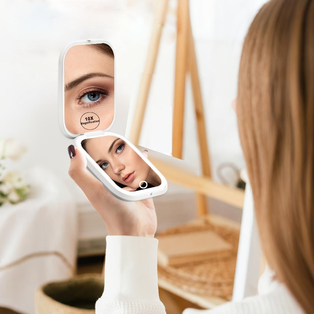 Rechargeable Pink or White LED Compact Mirror with 1X and 10X Views, Three Light Modes and Touch Dimming — image 4