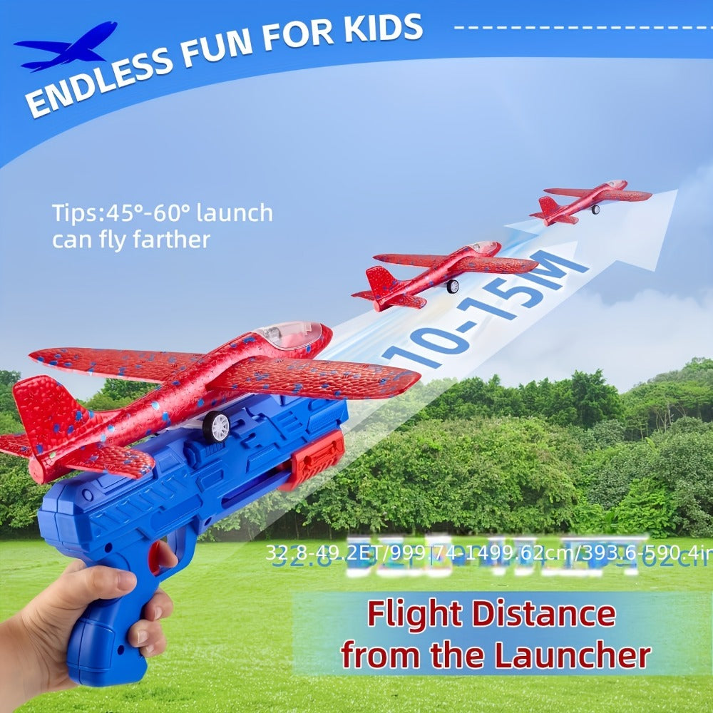 Foam Airplane Launcher Toy Set with 3 Foam Planes & Catapult, 2 Flight Modes Outdoor Flying Glider Toy for Kids Boys Girls Ag