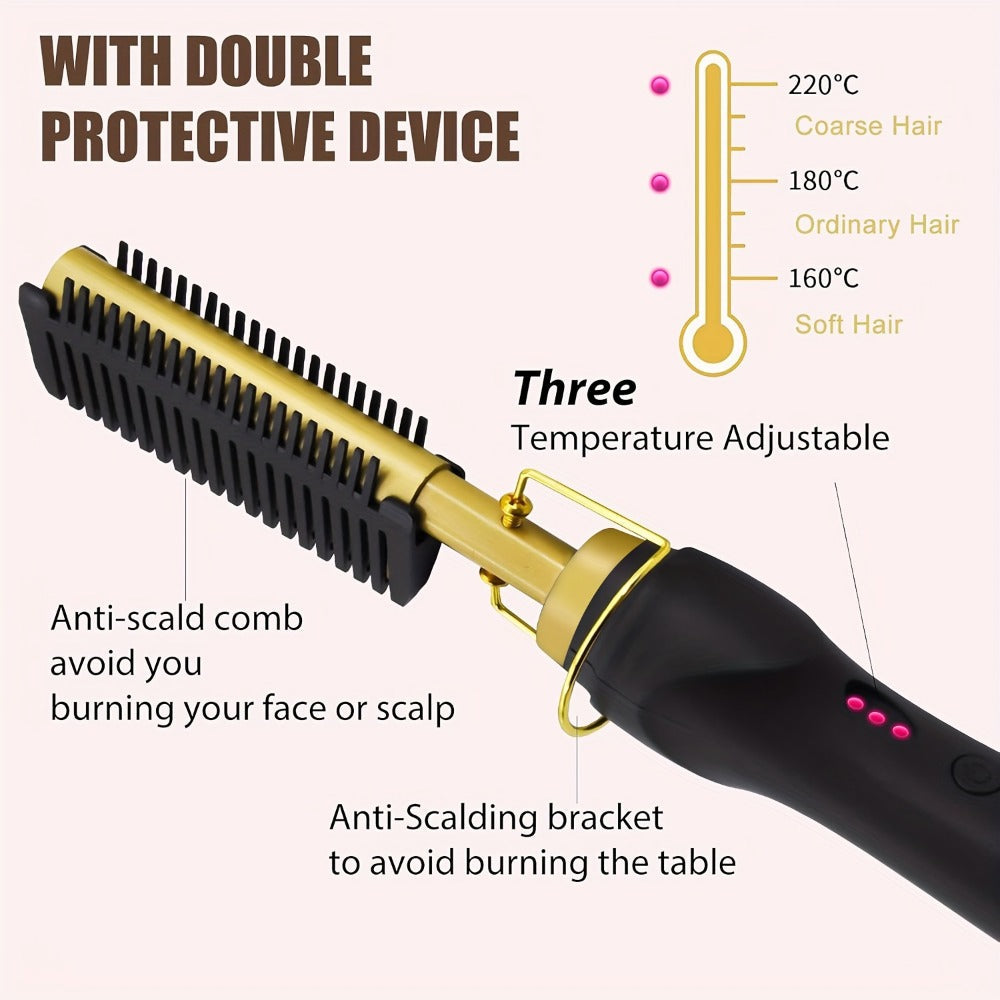Electric Hot Comb Hair Straightener with Gold Titanium-Alloy Teeth, Detachable Guard and Adjustable Heat Controls — image 8