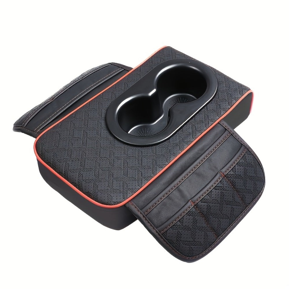 Car Center Console Cover PU Leather – Universal Armrest Box Mat with 2 Cup Holders & 2 Side Pockets, Phone & Card Storage — i