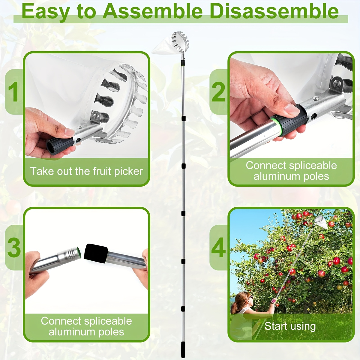 Stainless Steel Fruit Picker with Adjustable 63 to 157 Inch Extension Pole and Non-Slip Handle for Orchard Harvesting — image