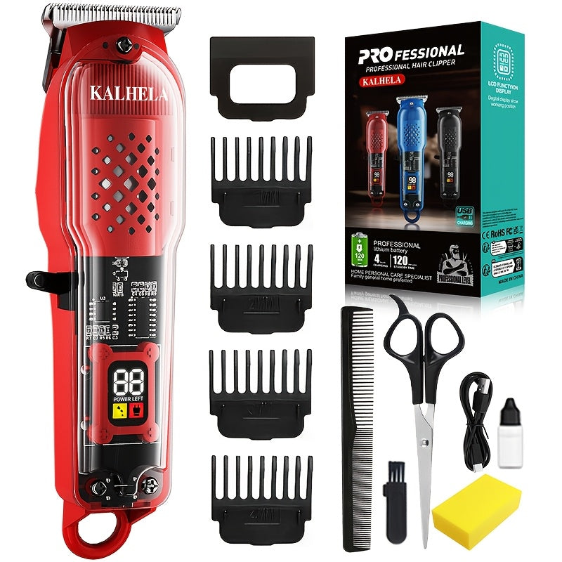 Transparent Electric Hair Clipper with Digital Display, Four Guide Combs, Grooming Tools and Red, Black or Blue Finish — imag