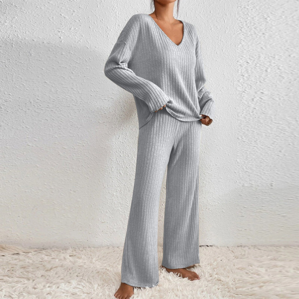 Long Sleeve V-neck Knitted Sunken Stripe Brushed Loose Leisure Suit