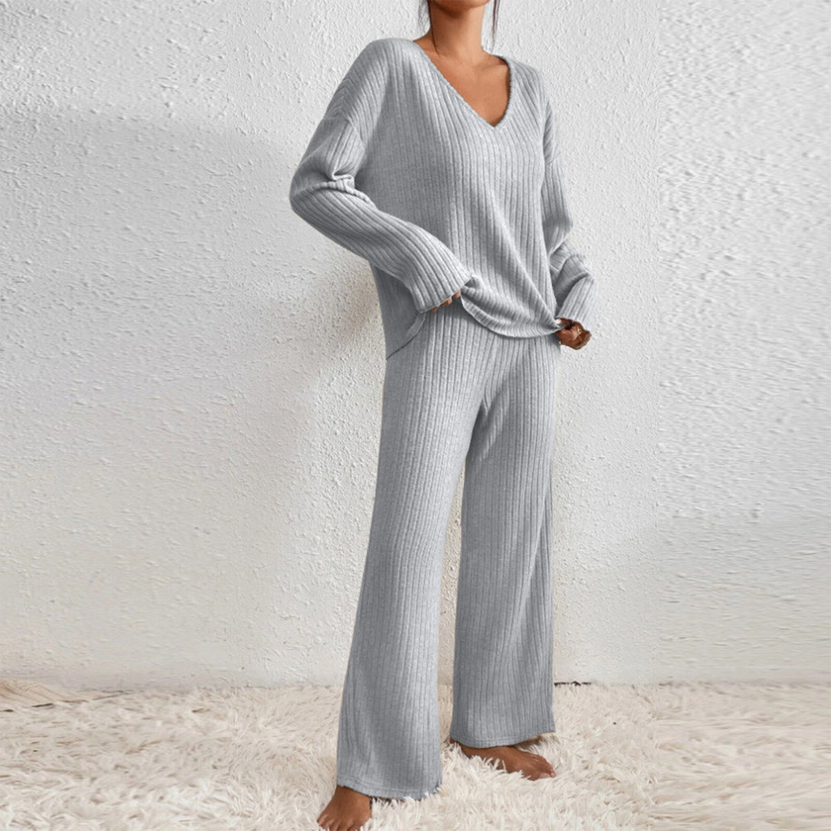 Long Sleeve V-neck Knitted Sunken Stripe Brushed Loose Leisure Suit