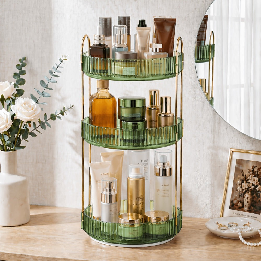 Three-Tier Rotating Makeup Organizer with 360-Degree Base in Green, Amber or Transparent Finish — image 4