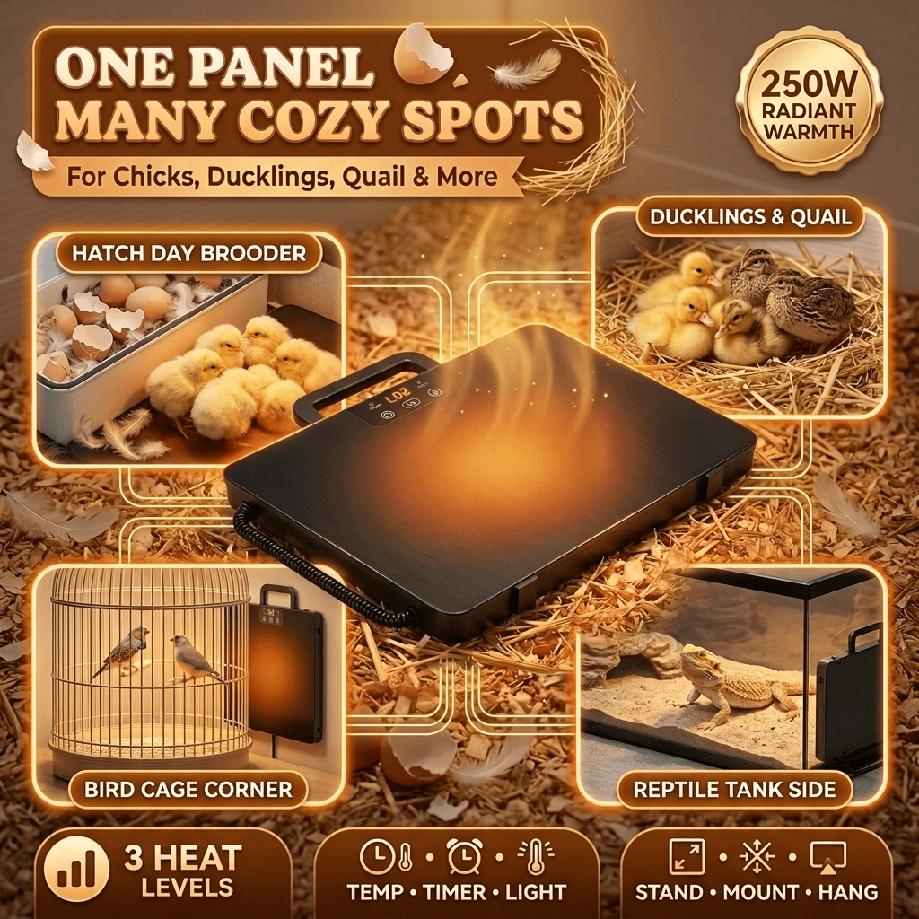 Brooder Heater 250W Heating Panel for Chicks, Ducklings & Quail, 3 Heat Levels, 4-Timer Settings — image 6