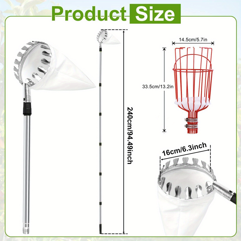Stainless Steel Fruit Picker with Adjustable 63 to 157 Inch Extension Pole and Non-Slip Handle for Orchard Harvesting — image