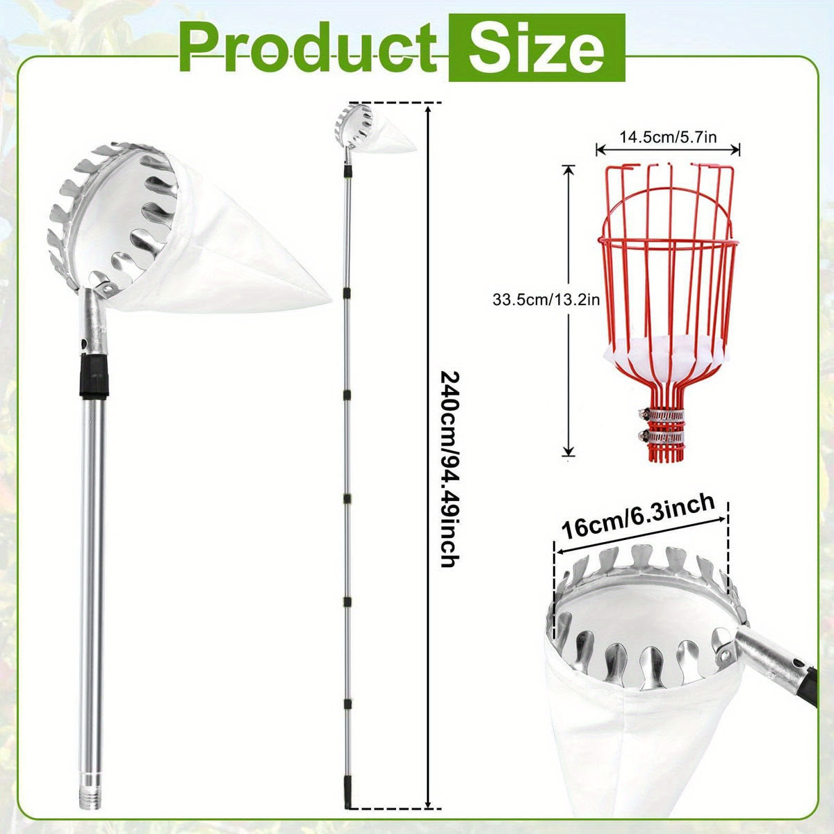 Stainless Steel Fruit Picker with Adjustable 63 to 157 Inch Extension Pole and Non-Slip Handle for Orchard Harvesting — image