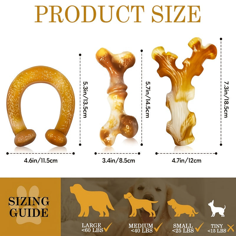 Three-Piece Dog Chew Toy Set with Branch, Bone and Ring Shapes in Milk Tea Brown for Supervised Play — image 2
