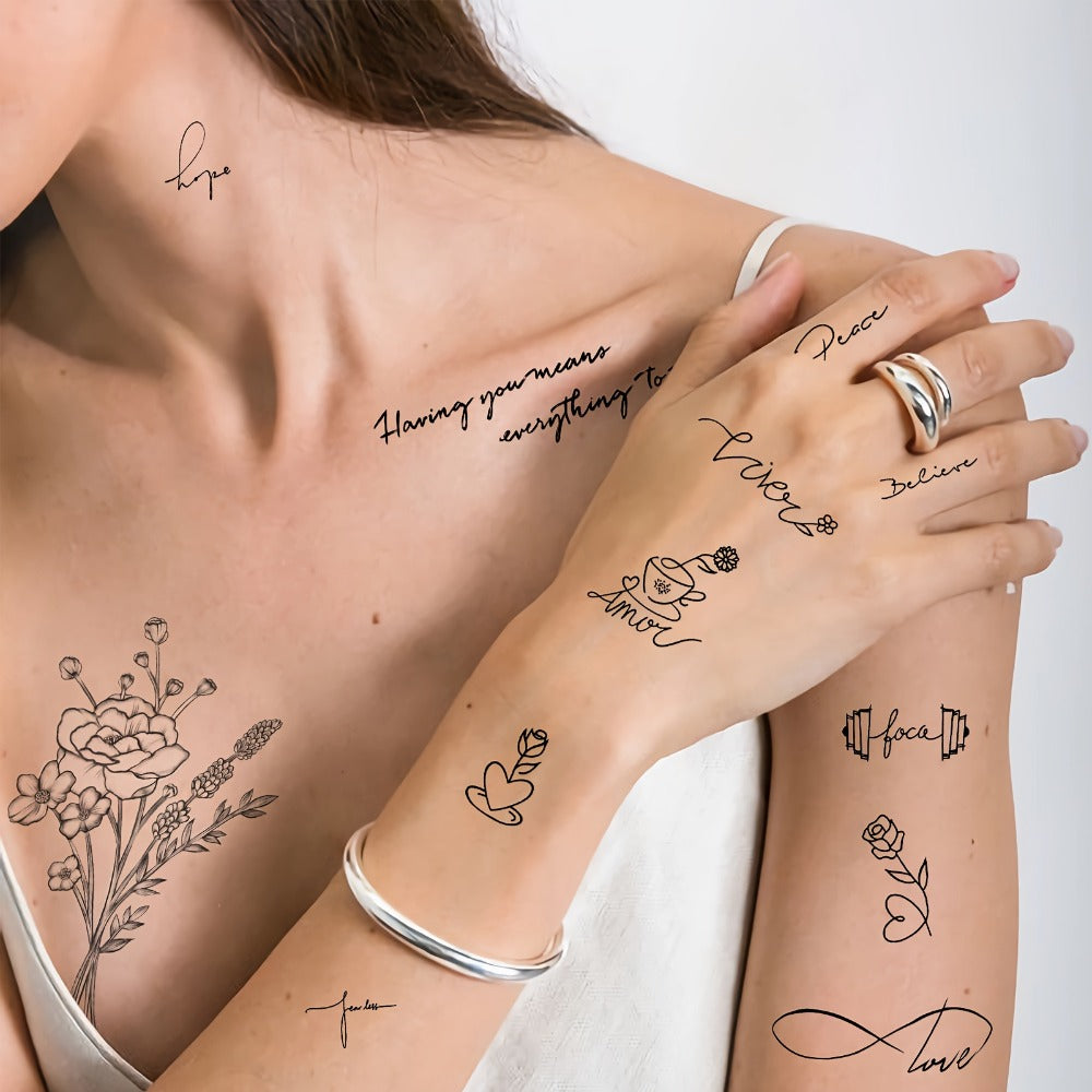 Temporary Tattoos, 30-Sheet Floral and Letter Set with Black Linework Designs for Face, Neck, Arm and Wrist — image 5