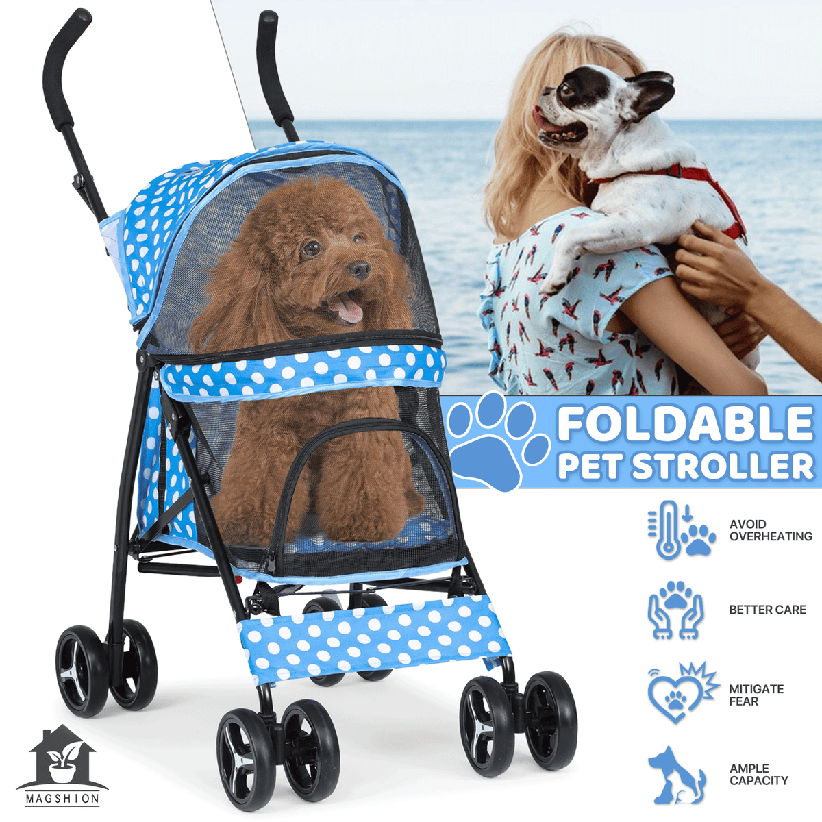 Four-Wheel Pet Stroller with Mesh Cabin, Folding Frame, Lower Basket and Ten Color or Print Options — image 14