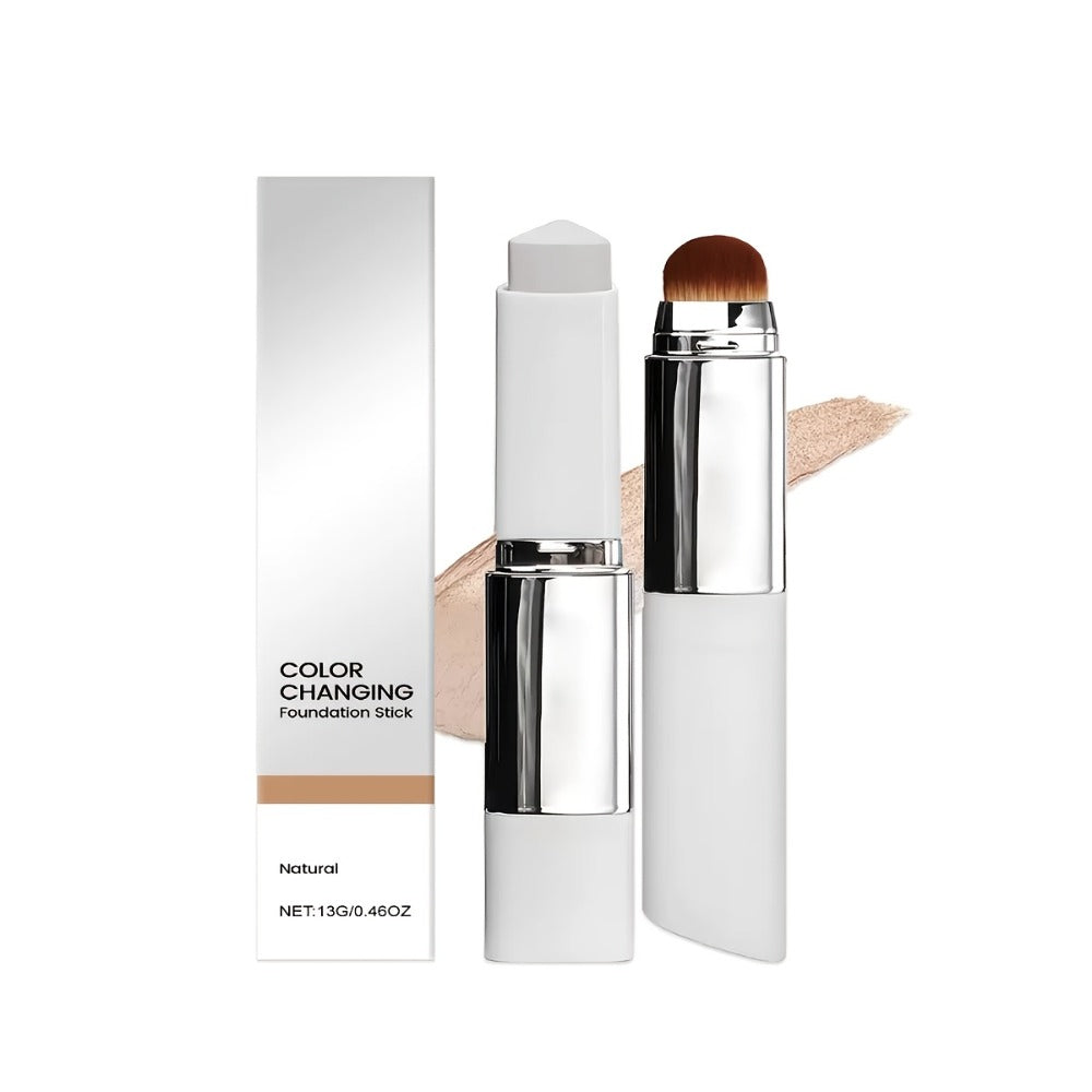 Skin Tone Adapting Color-Changing Foundation Stick 2-Piece with Built-In Brush & Puff – Lightweight Matte Finish Sheer to Bui