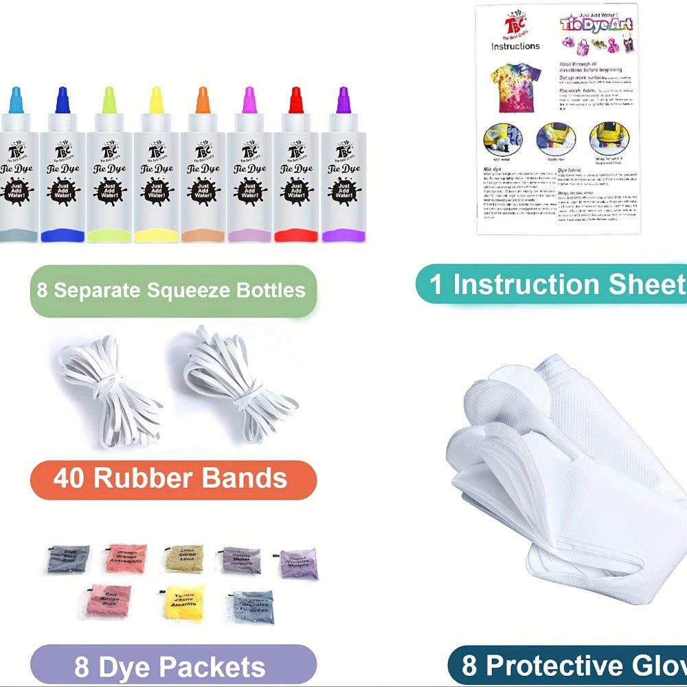 Tie-Dye Craft Kit with Eight Squeeze Bottles, Dye Packets, 40 Rubber Bands, Gloves and Instruction Sheet — image 2