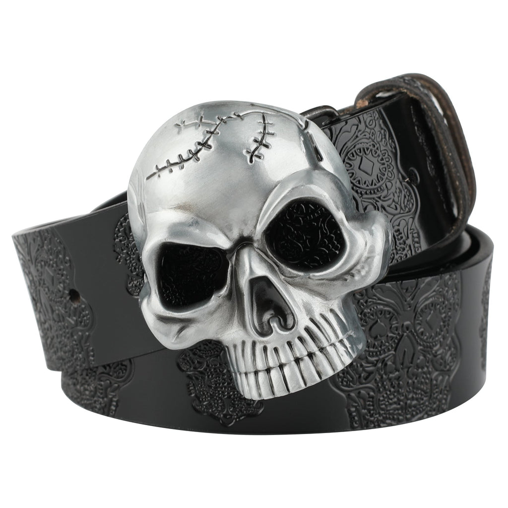 Leather Belt With Embossed Ghost Head Design And Smooth Skull Buckle