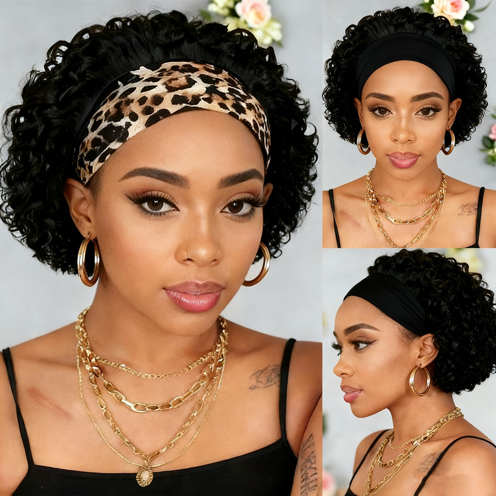 Kinky Curly Headband Wig Human Hair Brazilian 150% Density Glueless 6 Inch | No Glue No Gel Black Burgundy Rust | Beginner Fr