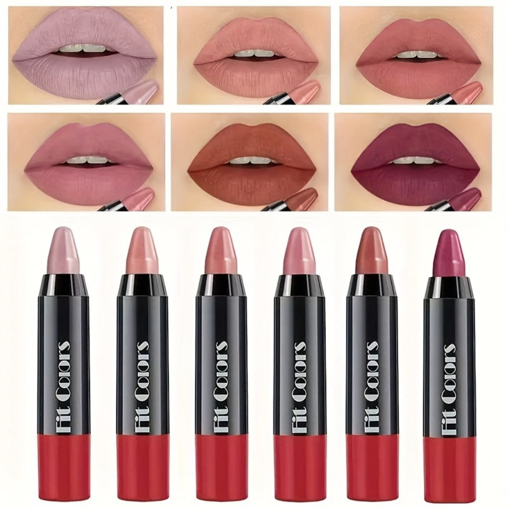 Squalane Crayon Lipstick Set 6 Pcs, Matte & Glossy Lip Pencil with Volumizing Formula, Easy Color Lip Liner for All Skin Type