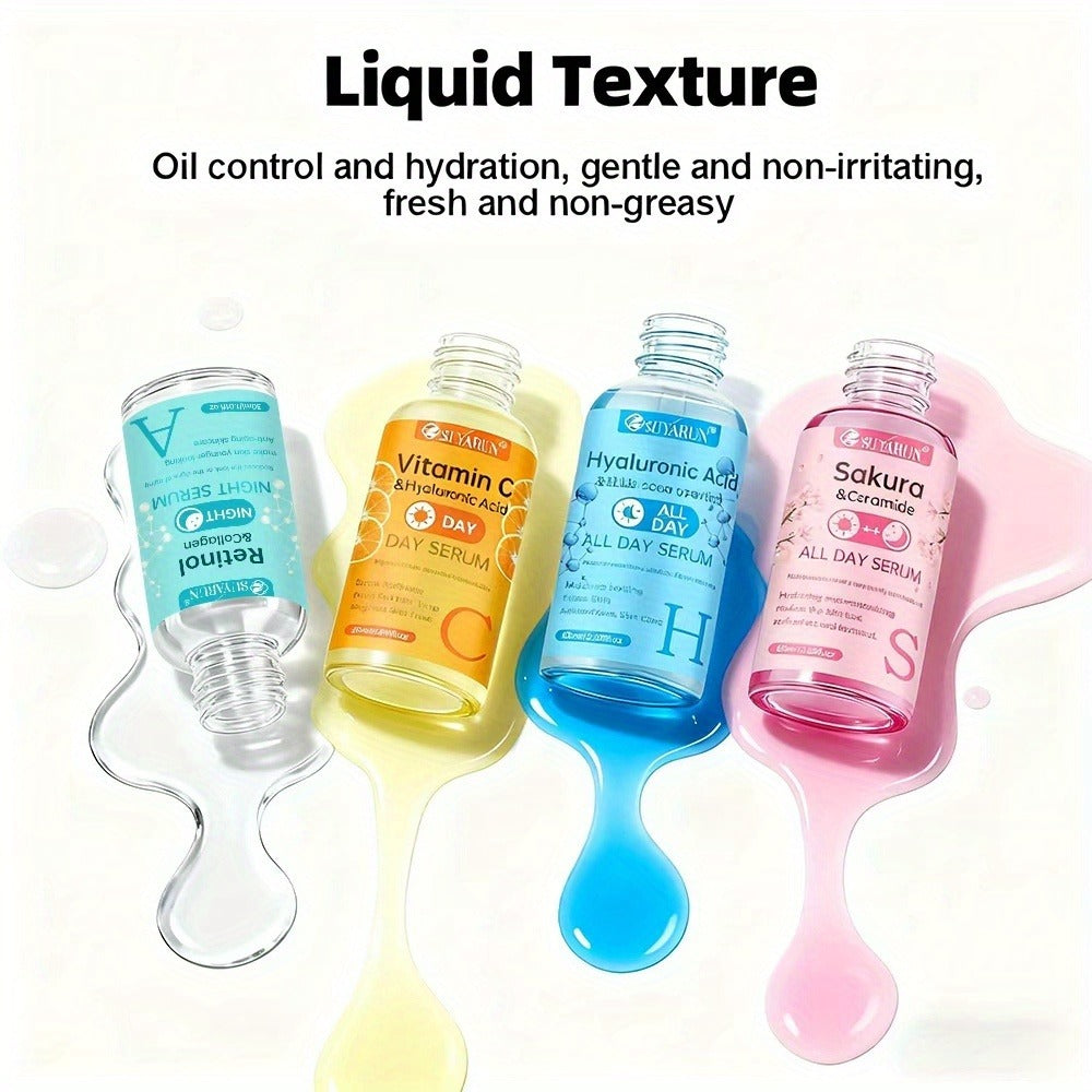 Face Serum Set 4-Piece Day & Night with Vitamin C Retinol Hyaluronic Acid Ceramide - Deep for Bath Time, Home Spa and Persona