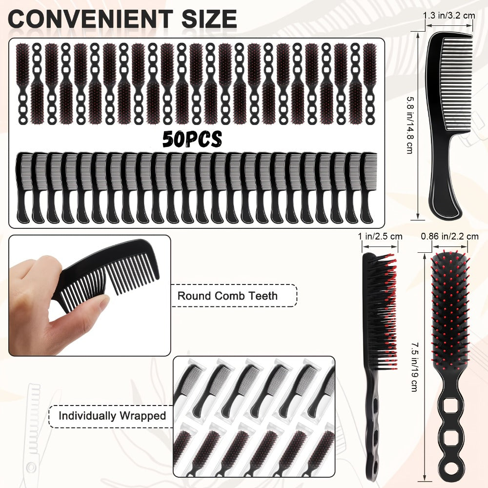 Disposable Hair Brush and Comb Set 50 Pack – Individually Wrapped Detangling Hairbrush with Fine Tooth Comb, Bulk Hygienic Ki