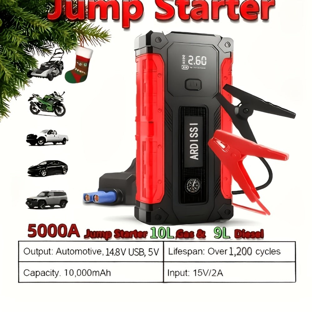 5-in-1 Jump Starter 5000A Peak – 10000mAh Power Bank, 150PSI Air Inflator, Type-C & LED Emergency Light for 12V Gas & Diesel 