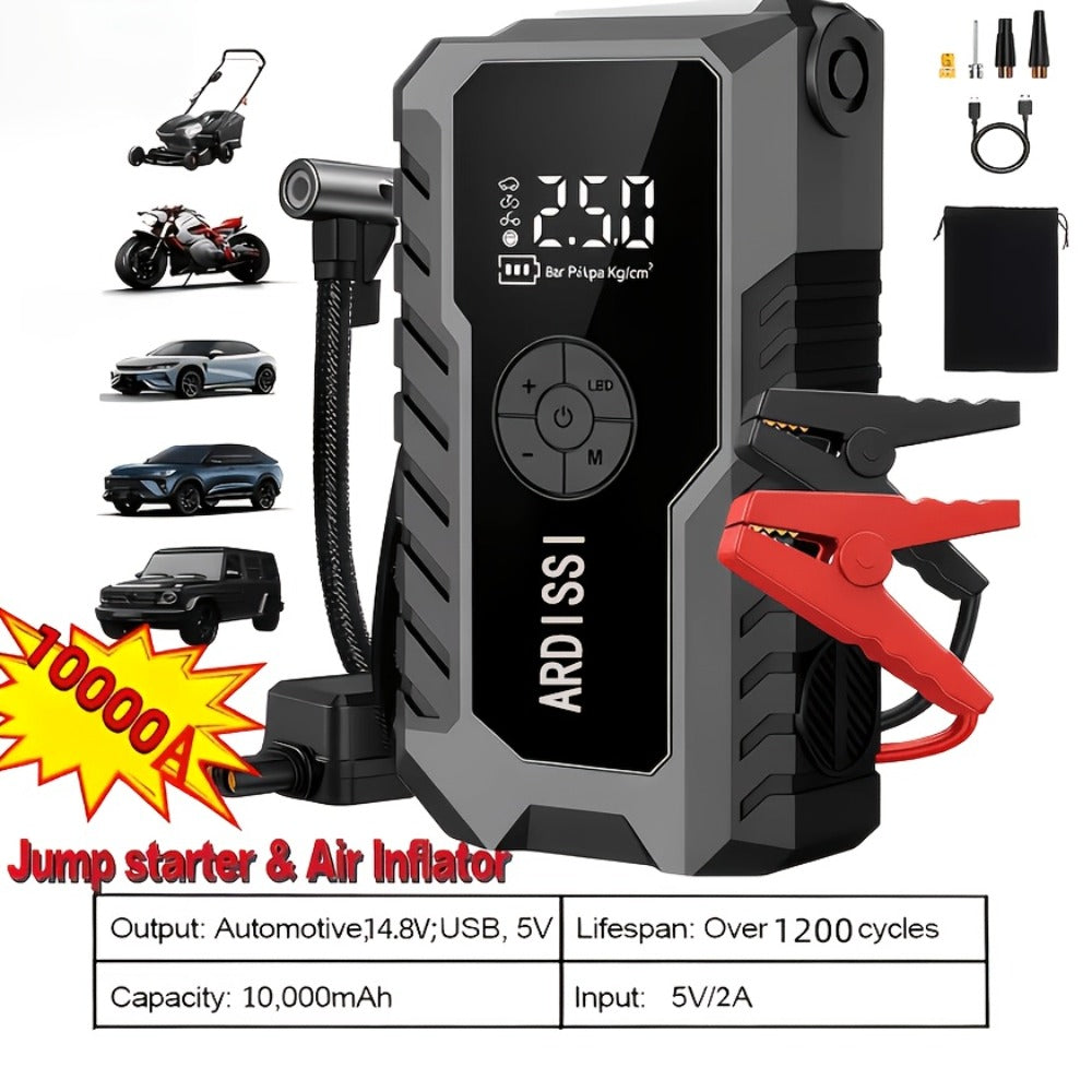 5-in-1 Jump Starter 5000A Peak – 10000mAh Power Bank, 150PSI Air Inflator, Type-C & LED Emergency Light for 12V Gas & Diesel 