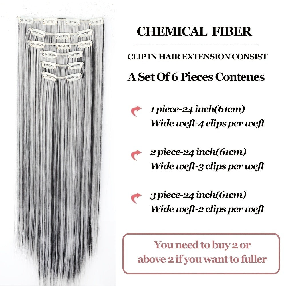 Hair Extensions Straight 24-Inch Synthetic Clip-In Set with Six Wefts in Black or Space Gray — image 5