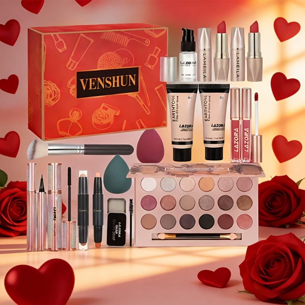 Makeup Kit with 18-Color Eyeshadow Palette, Face, Lip and Eye Cosmetics, Brushes and Tools in a Red Gift Box — image 2