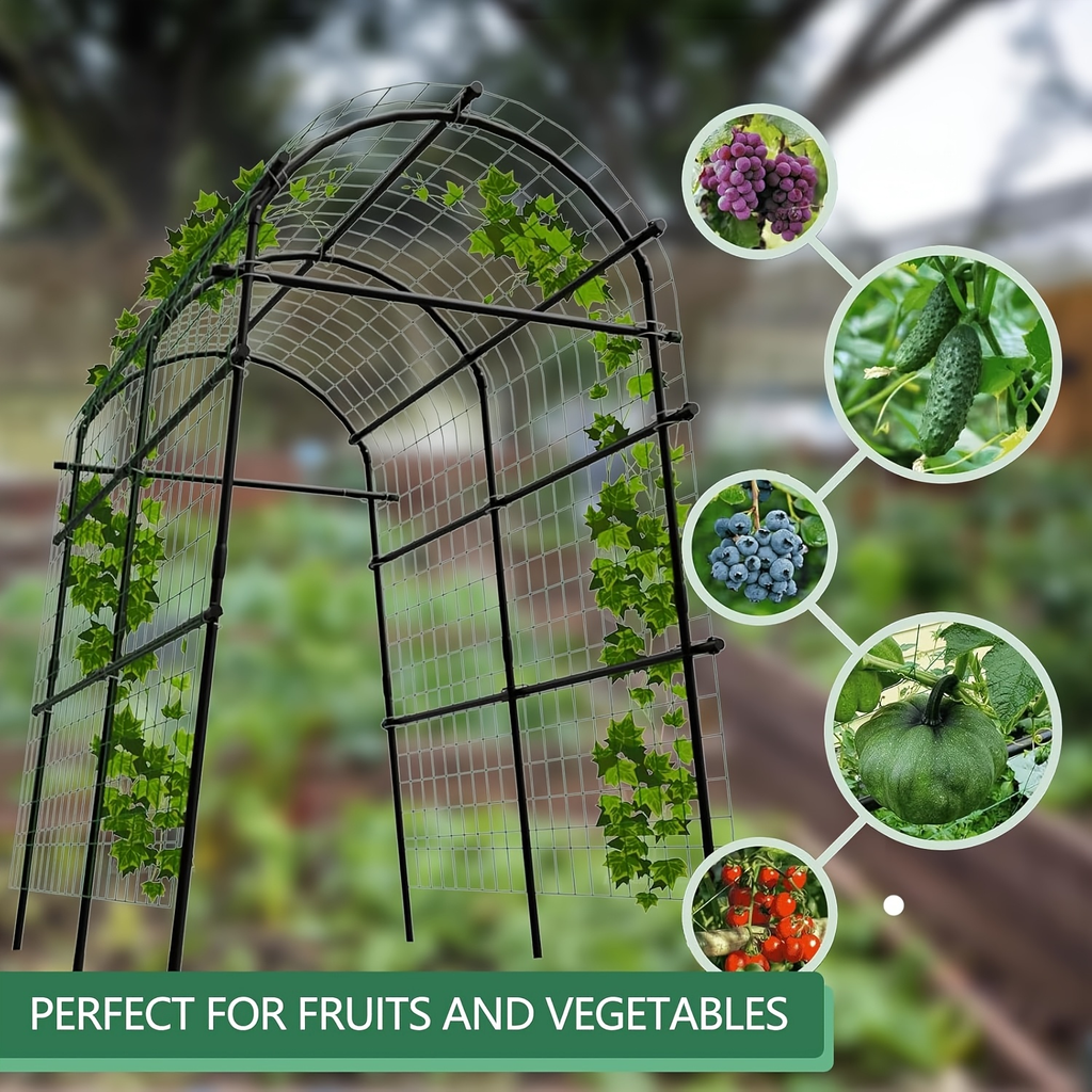 Garden Arch Trellis 7.5ft Tall Metal Climbing Plant Support with Netting for Vegetables Flowers Roses for Garden, Patio and Y