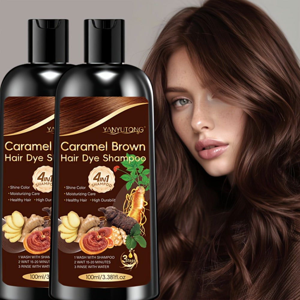 Hair Color Shampoo, YANYUTONG 4-in-1 Caramel Brown Two-Bottle Set with 3.38oz in Each Bottle — image 1