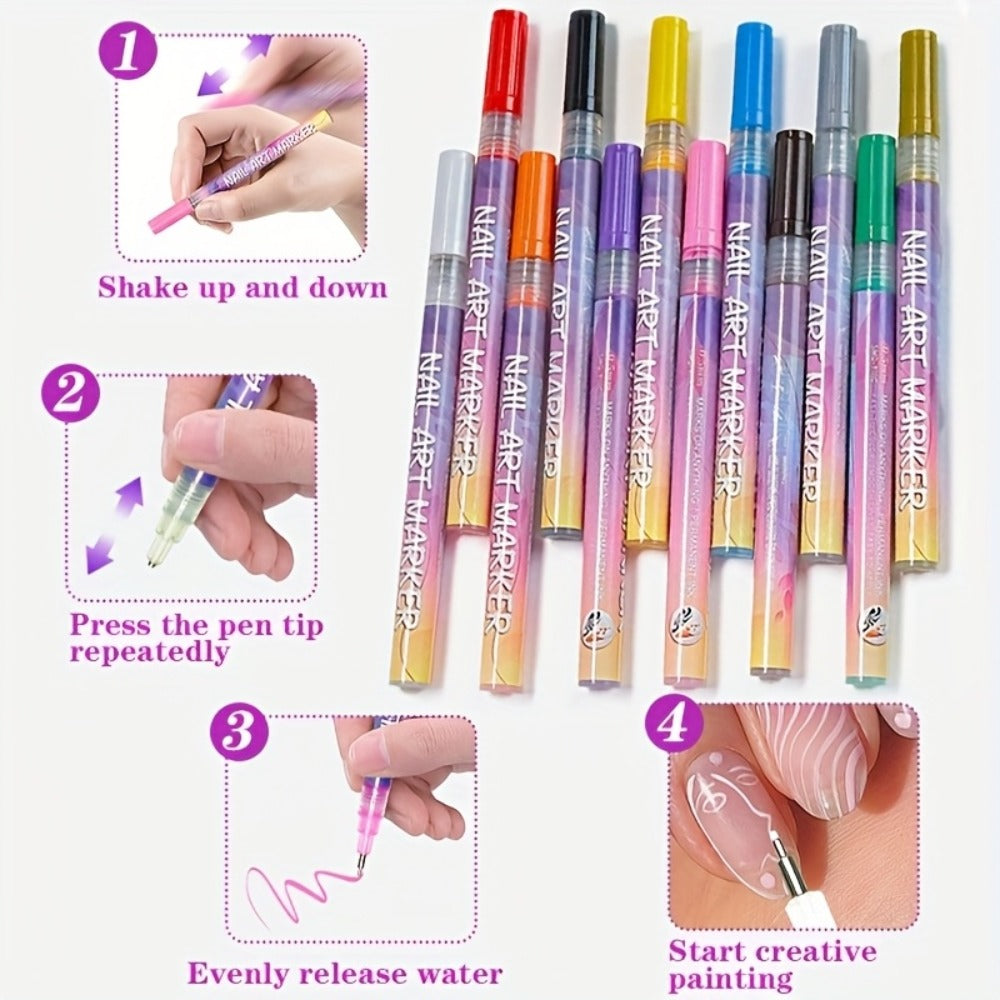 Acrylic Nail Art Pen Set 12 Colors 3D Doodle & Dot Stitching Pens, Quick Drying Precision Fine Tip — image 4