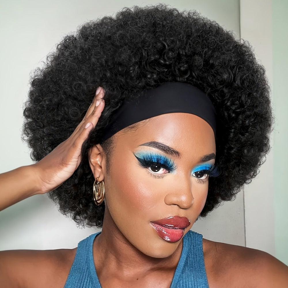 Afro Curly Headband Wig for Women Short Kinky Curly 180% Density – No Lace No Glue Synthetic Wig with Attached Headband, Heat