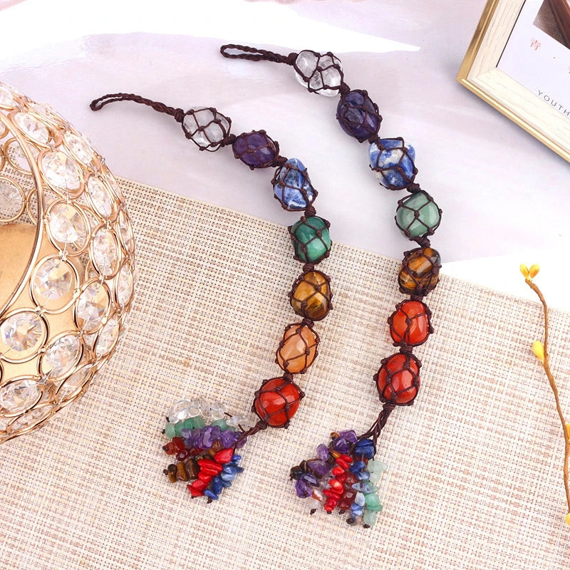 Natural crystal seven color rolling stone car hanging hand woven energy stone shaped mesh bag pendant