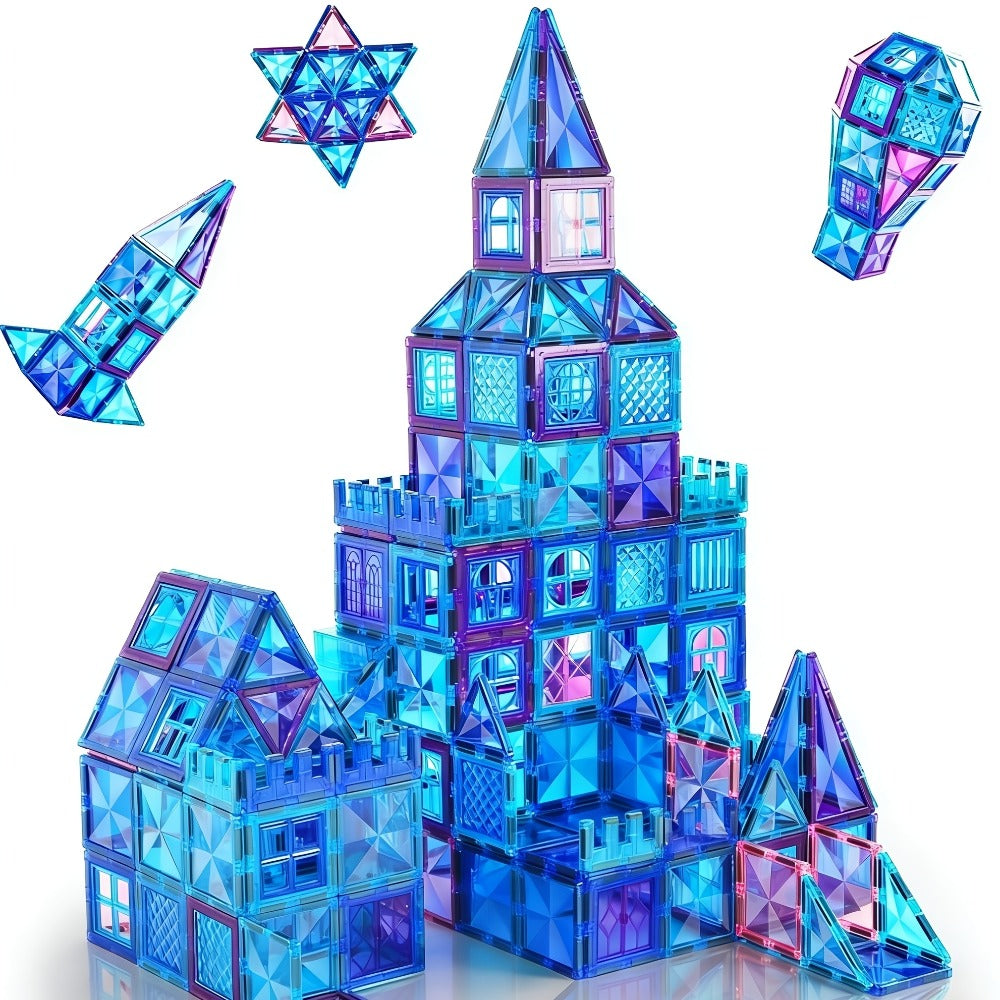 32-Piece Blue and Purple Magnetic Tile Castle Set with Squares, Triangles and Window Pieces — image 8