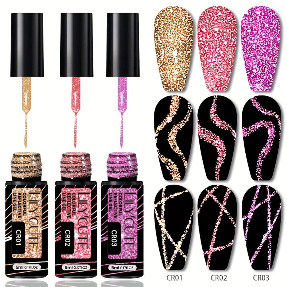 Reflective Line Nail Art Gel Set with Three 5ml LILYCUTE Bottles, Slim Liner Brushes and Two Color Group Options — image 1