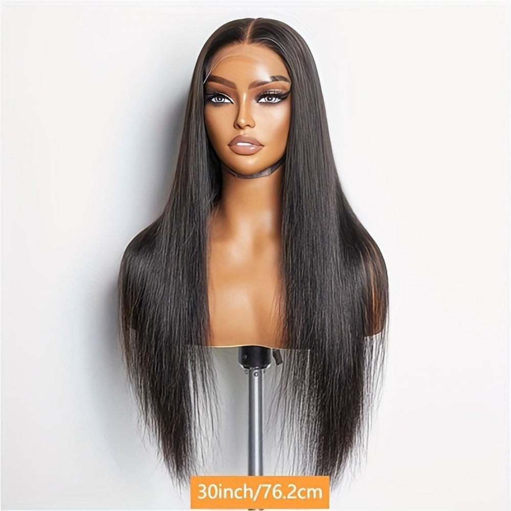 Glueless Straight Human Hair Wig 4x4 Lace Closure Pre-Plucked Natural Hairline Versatile Parting Natural Black 12-28 Inch Wom