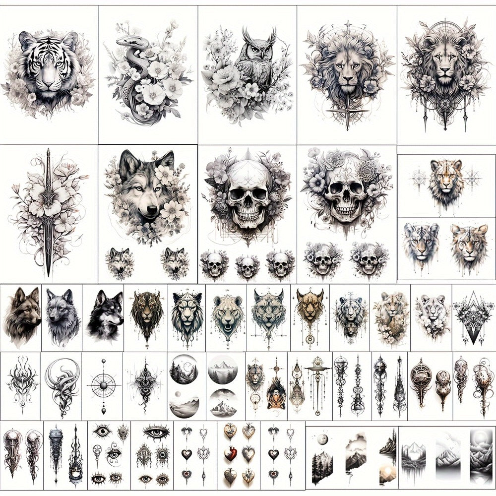 Temporary Tattoos, 44-Sheet Black Animal and Mountain Set with Wolf, Lion and Tiger Designs in Large and Small Sizes — image 