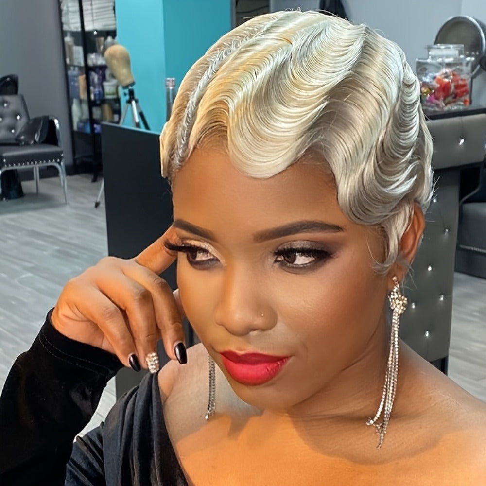 4-Inch Finger Wave Pixie Human Hair Wig with 180% Density, Rose Net Cap and 1B or 613 Color — image 4