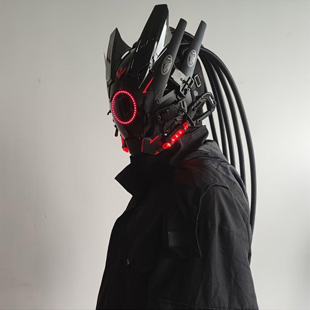 LED Braided Cyberpunk Costume Helmet with Circular Face Light and Blue, Green or Pink Accent Styles — image 13
